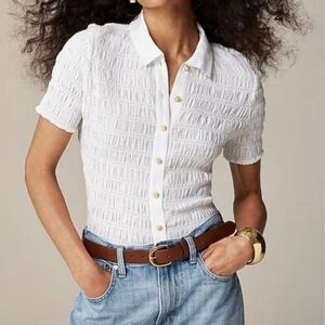 J. Crew White Smocked Button-Up Shirt Sz M Gold Buttons Business Casual